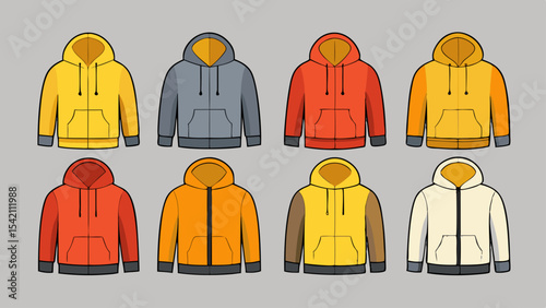 Eight colorful hoodies fashion design template