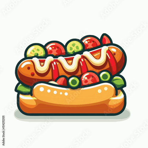 Cartoon hotdog with relish tomatoes cucumbers and mustard in a graphic illustration style