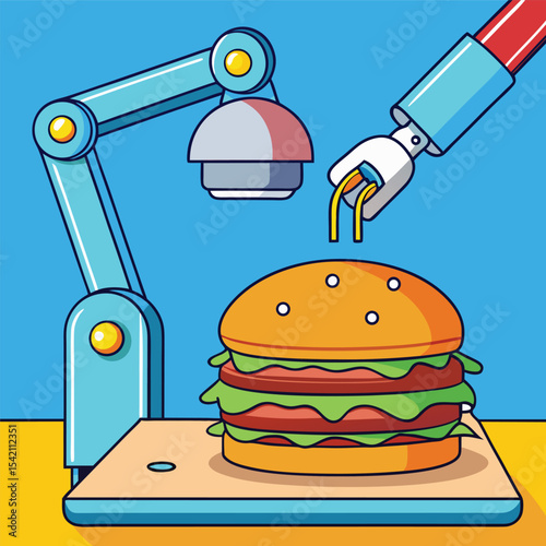 Automated Burger Assembly Line Illustration, Robotic Arm Preparing Hamburger, Fast Food Production, Modern Technology, Blue Background