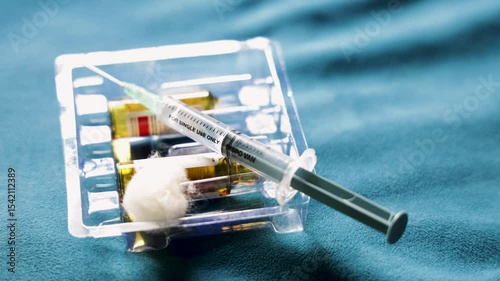 used injection and empty medicine vial in clinical setting