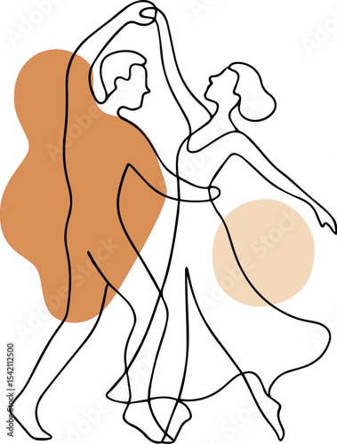 Dancing couple line art with abstract orange shapes