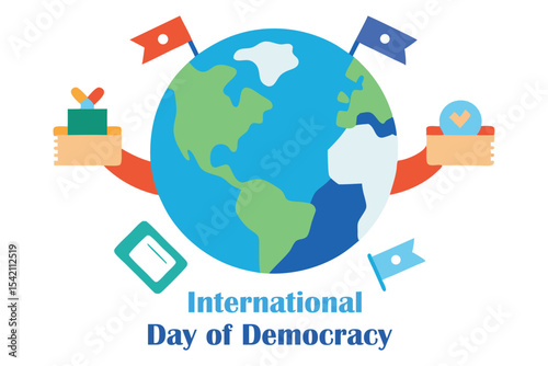  Global Democracy Concept Vector – Earth Wrapped in Voting Ribbon with Human Rights Icons.