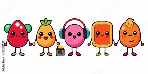Cute cartoon fruit and shape characters holding hands
