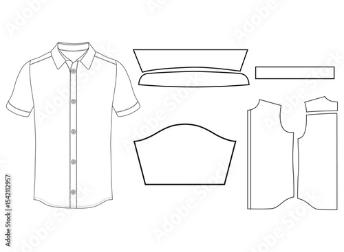 Short sleeved men sleeves formal resort shirt flat technical drawing vector illustration mockup template design	