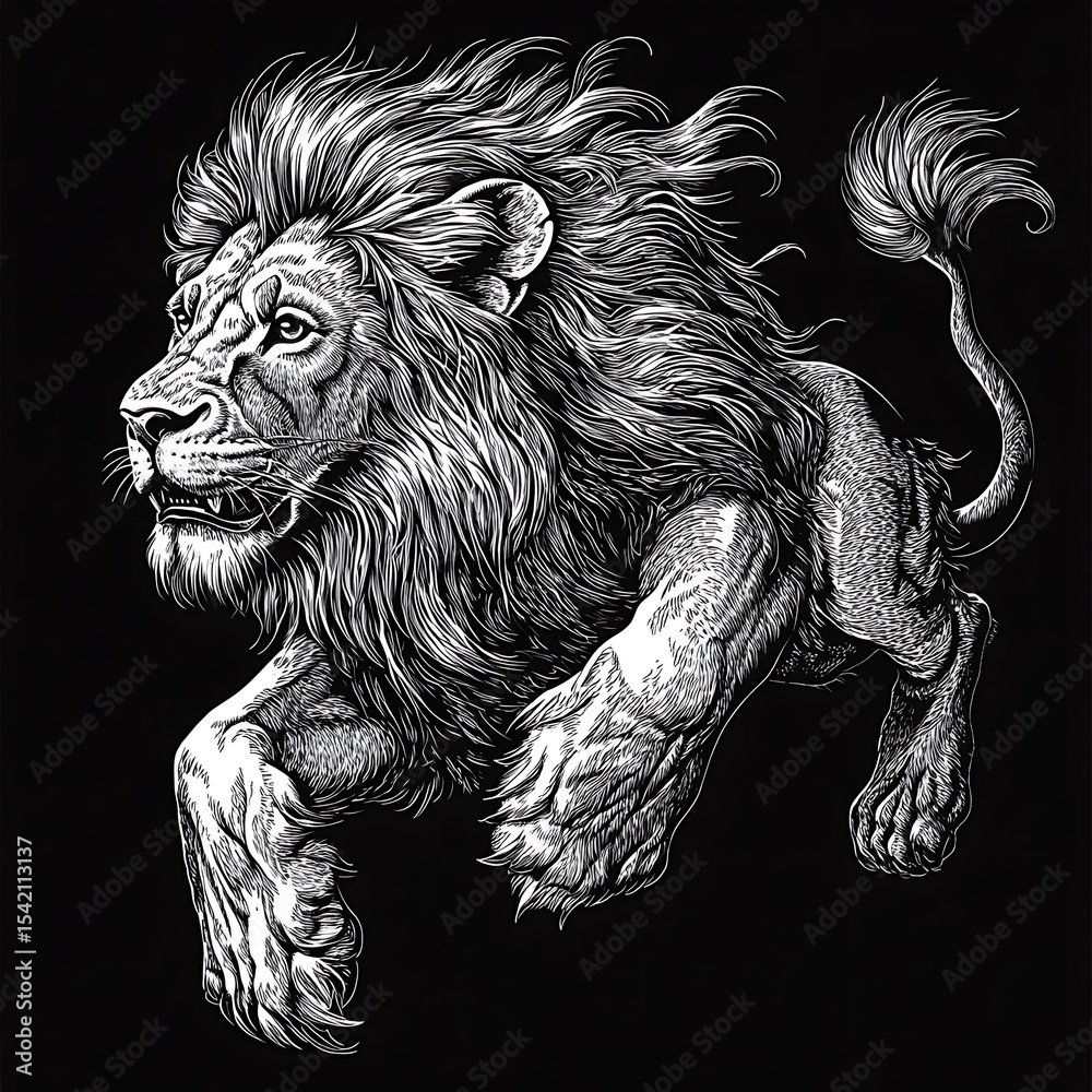 Obraz premium Black and white illustration of a lion pouncing with fierce determination.