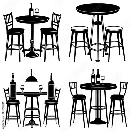 Four arrangements of bar tables and chairs with wine bottles and glasses illustration