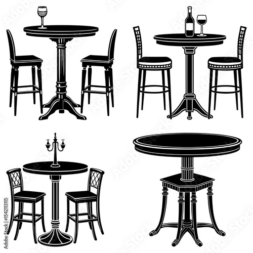 Illustration of four distinct bar table and chair sets in a black and white vector format design