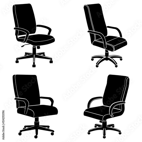 Four black office chairs with armrests and rolling bases arranged on a white background in a square pattern