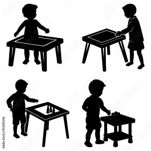 Silhouettes of children playing at tables with various games and activities in a playful arrangement