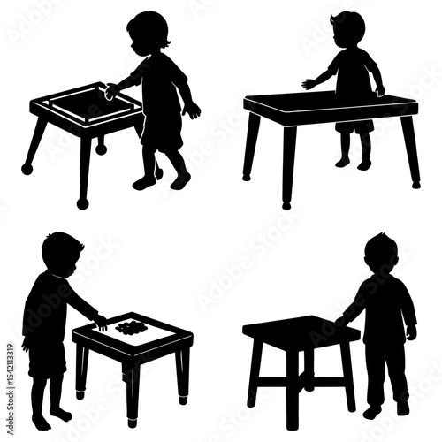 Silhouette illustration of four children playing at tables in a classroom setting or playroom area shown