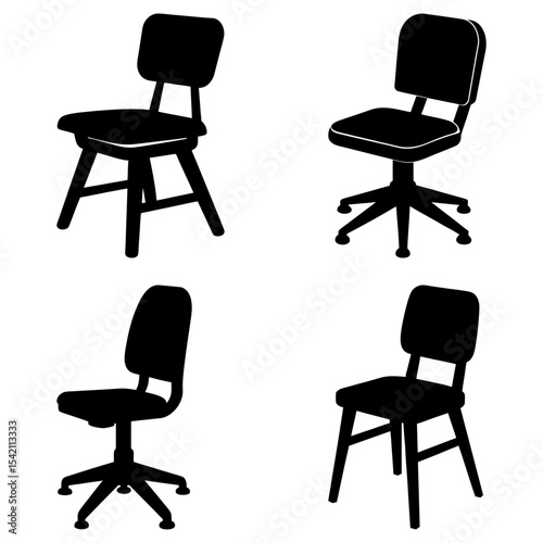 Four black chair silhouettes with varying base styles and back heights on a white background image