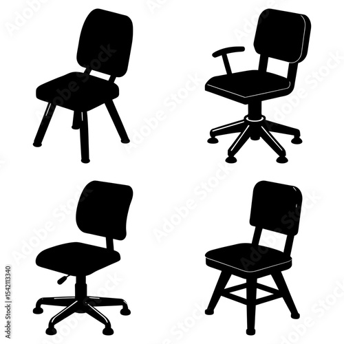 Silhouette illustration showing four different office chairs in a black and white design scheme