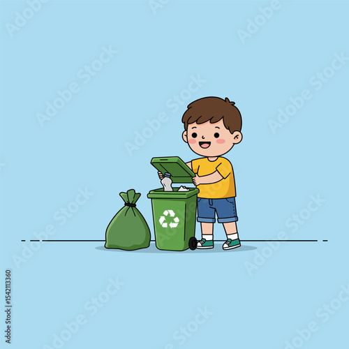 Cute little boy taking out the trash in garbage bag into recycling bin