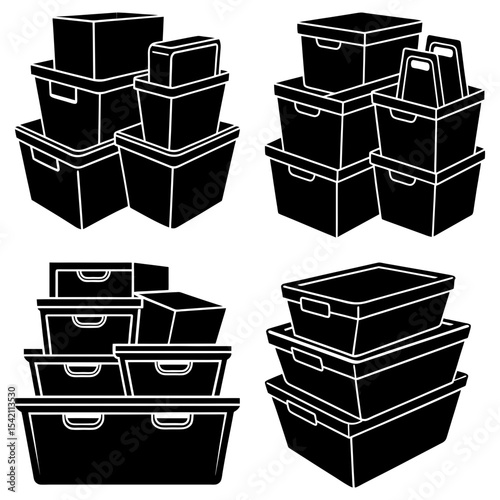 Illustration of stacked storage containers and boxes in varying sizes and configurations in black and white