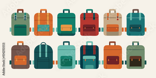 Collection of colorful travel backpacks and bags