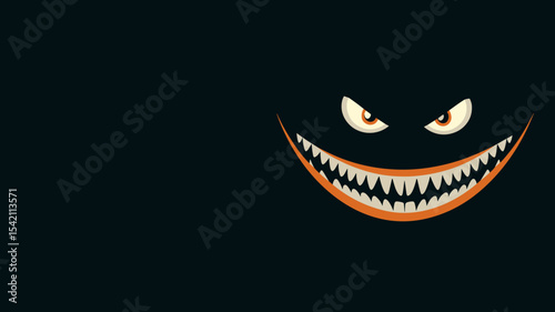 Wide creepy smile with spooky eyes on black background, vector design with copy space