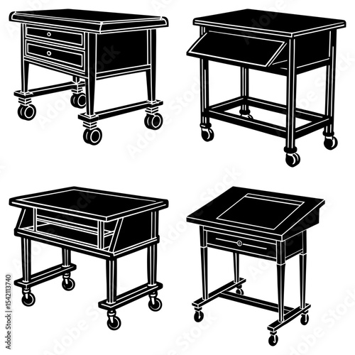 Four different styles of rolling tables with drawers and shelves in black and white illustration