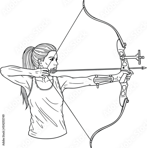 Black and White Line Art Woman Archer Drawing Archery Bow Arrow