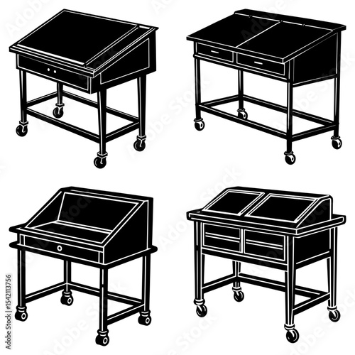Four different styles of vintage drafting tables with drawers and wheels in black and white style