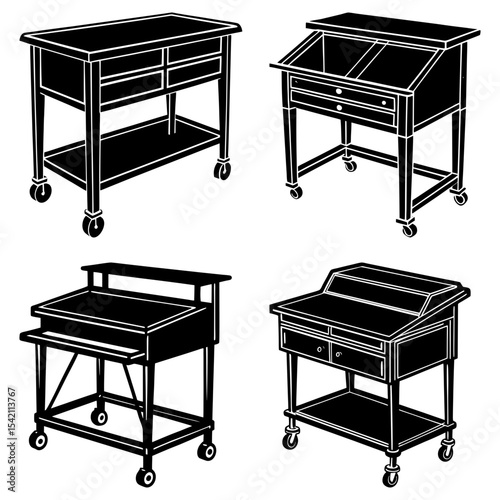 Illustration showing four different styles of black and white rolling carts with drawers and shelving units
