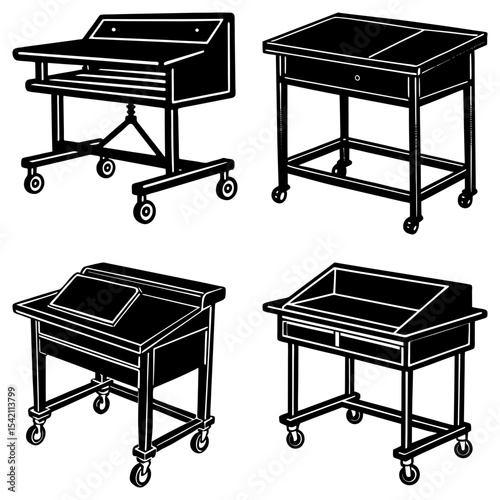 Illustration showing four different styles of rolling tables with varying features and designs shown