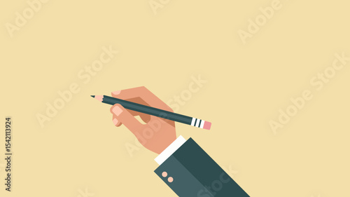 Hand holding pencil on pale yellow background in minimal school theme, copy space