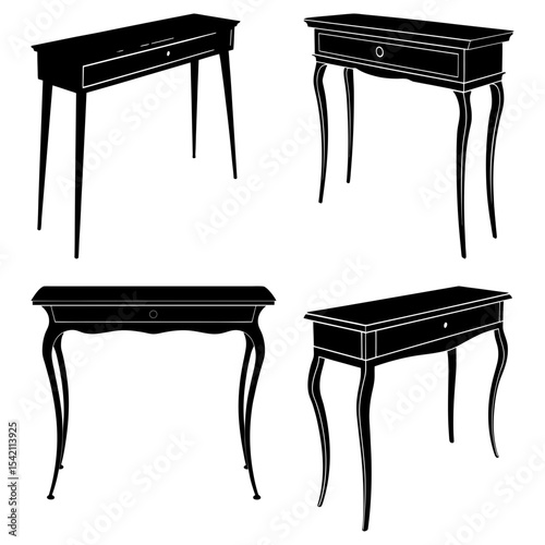 Four black silhouette illustrations of console tables with drawers and ornate legs design element
