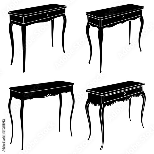 Four elegant black console tables with drawers and curved legs in a symmetrical arrangement on white background