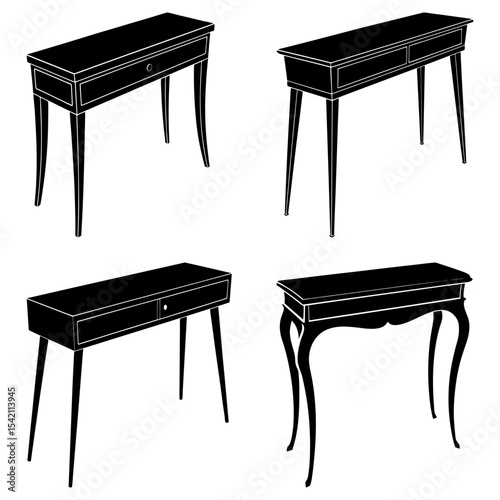 Four different black console tables with drawers and varying leg styles on a white background shown