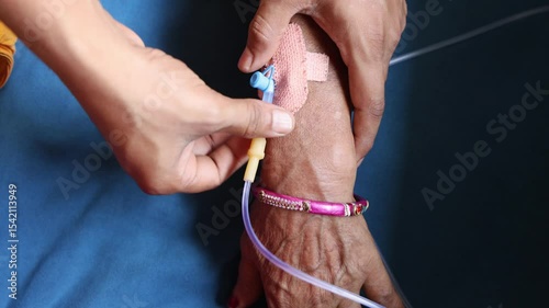 cannula inserted in patient’s hand during daytime indoors