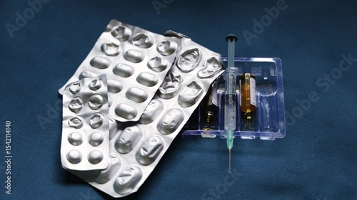 medical tablets with syringe and empty drug bottle indoors