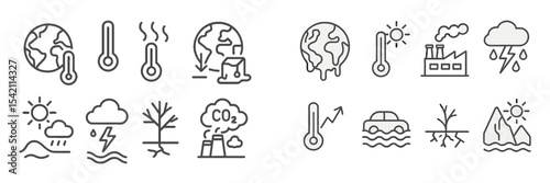 Climate change symbols illustrating environmental impact and global warming effects on nature and human activity