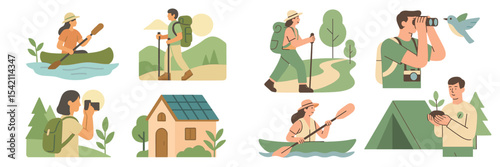 Outdoor enthusiasts engage in various activities in nature across diverse landscapes during a sunny day