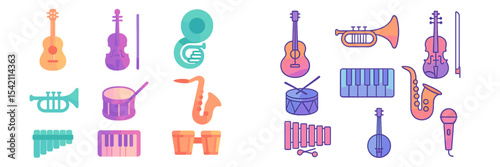 Musical instruments collection showcasing variety from strings to percussion and brass at a vibrant cultural event