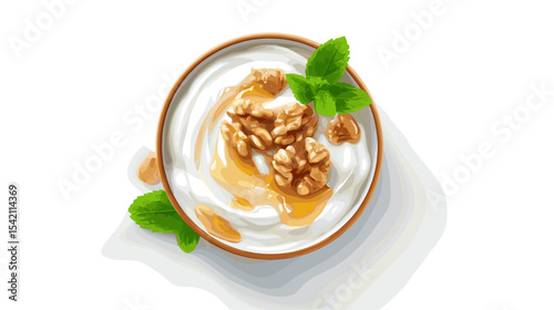 Greek yogurt with honey walnuts and mint on white background Nutrition and diets