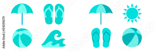 Colorful beach elements including umbrellas, flip flops, and beach balls create a vibrant summer atmosphere by the ocean