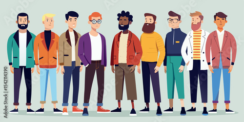 Diverse group of stylish young men standing together