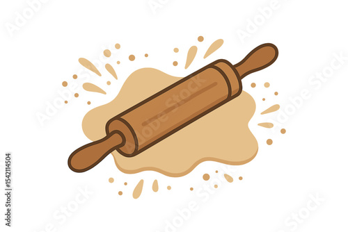 Rolling pin on dough with flour splatters in baking setup