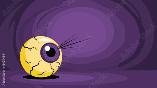 Giant cracked yellow eyeball on purple background, spooky Halloween mood in vector design 