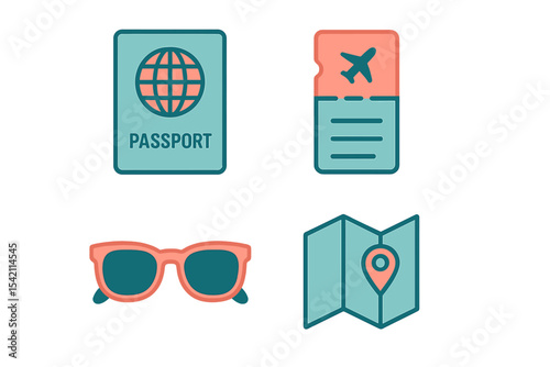 Travel essentials for a perfect vacation including passport, boarding pass, sunglasses, and map