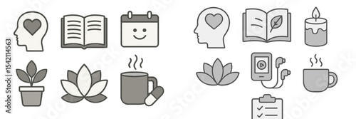 Illustrations depicting self-care and wellness activities, promoting mindfulness and relaxation practices in daily life