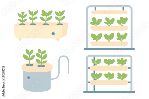 Indoor gardening setup with hydroponic systems showcasing green seedlings and leafy plants in modern containers