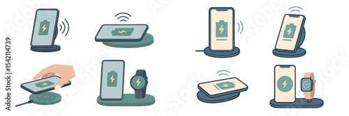 Wireless charging technology shown in different scenarios with devices on charging stations