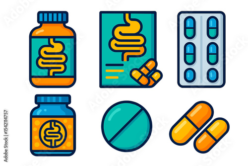 Various health supplements and medications displayed in colorful, clear illustrations showcasing different types and packaging