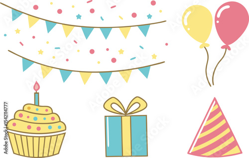 Birthday Elements Clipart Set for Party Designs. Fun Birthday Clipart Set for Print and Crafts. Colorful Birthday Elements Clipart for Kids. Creative Birthday Clipart Collection for Designers
