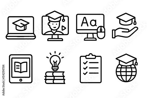 Various educational icons representing online learning, tools, and resources for students and educators globally