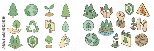 Green symbols representing nature conservation and environmental protection in a minimalist design for eco-awareness