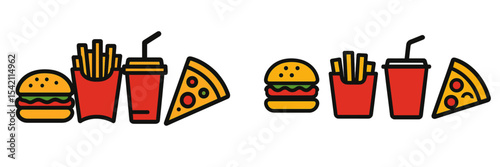 Iconic fast food items arranged on a clean background showcasing popular snacks and beverages