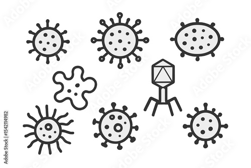 Vector representation of various virus shapes including bacteria and a bacteriophage in a simple design
