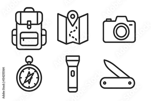 Essential outdoor tools for hiking adventures including backpack, map, and camera in a minimalist style